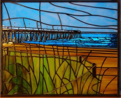 beach front and bridge stained glass panel carolyn twidwell