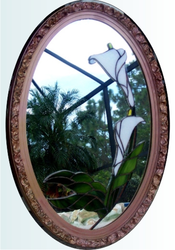 stained glass and mirror and lilies