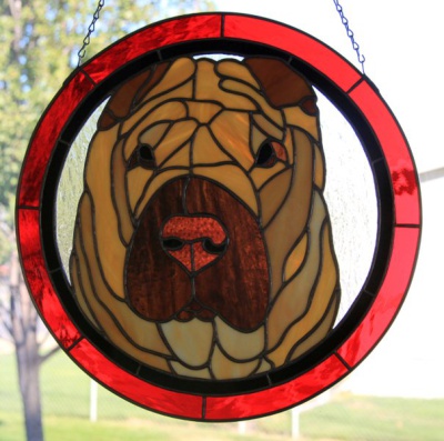 kathleen chandler stained glass panel of a dog