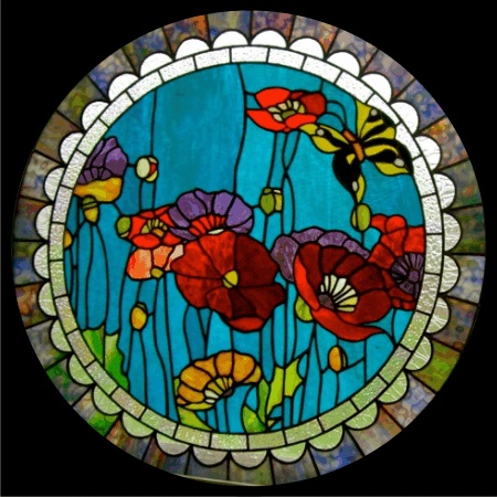 stained glass panel of poppies by chuck krausert