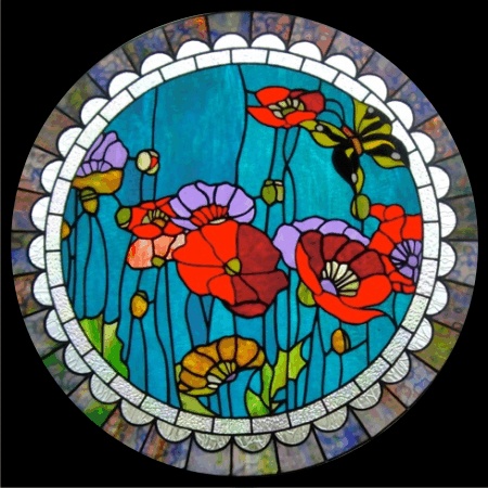 stained glass panel of poppies by chuck krausert
