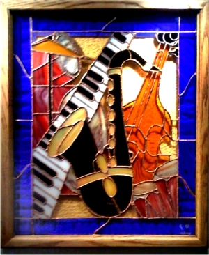 stained glass panel rebecca lewis sax drums and keyboard