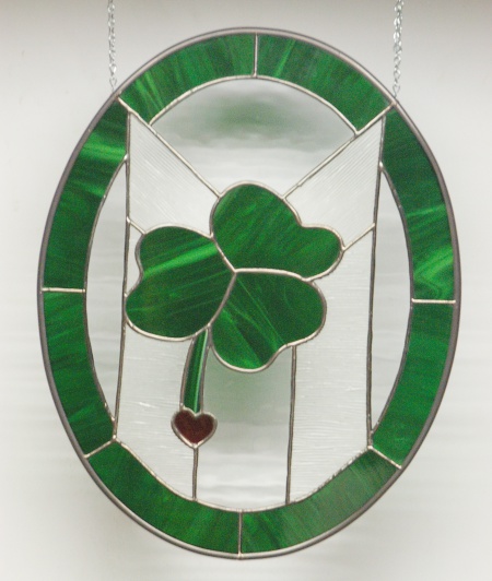 rich glamann stained glass panel shamrock and letter M