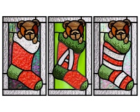 (image for) 3 stockings (for christmas) and teddy bear