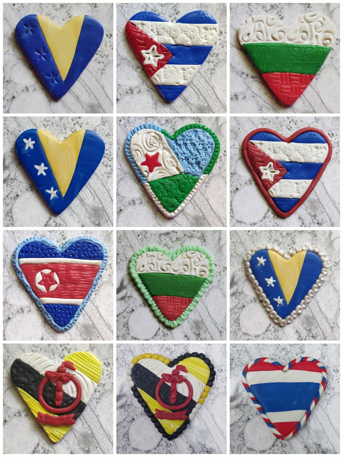world flags, polymer clay, heart shape flags