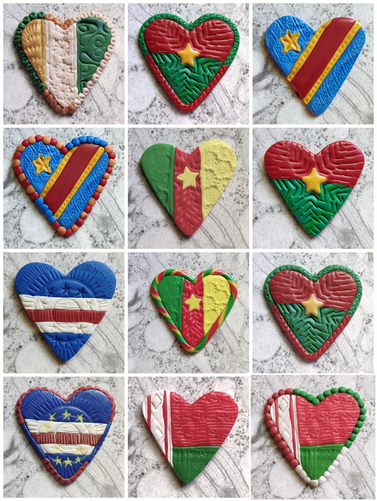 world flag polymer clay heart magnets