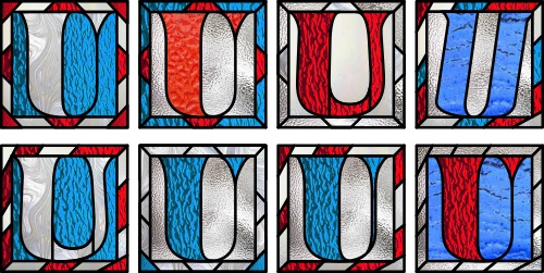 Patriotic US red white and blue alphabet,  letter U in 8 different styles