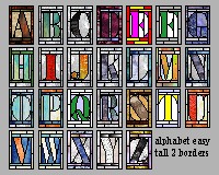 Tall easy alphabet patterns for stained glass, A through Z, with decorative corners