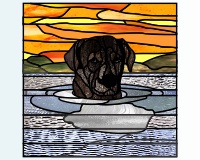 (image for) Black labrador water reflection sunset mountains