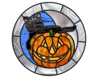 (image for) Cat and pumpkin-round holiday stained glass pattern - halloween