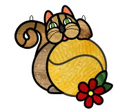 Cat, tennis ball, flower leaves, suncatcher for stained glass (image for) Cat, tennis ball, flower leaves, suncatcher for stained glass