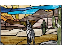 (image for) Desert landscape, sunrise, coyote, stained glass pattern