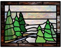 (image for) Pine trees, geometric background, and river