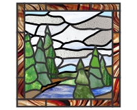 (image for) Pine trees square border, river, mountains pattern