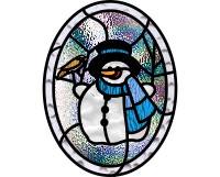 snowman, bird, scarf, sticktree, oval stained glass pattern