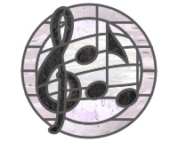 (image for) Treble clef, staff three notes, round with border pattern