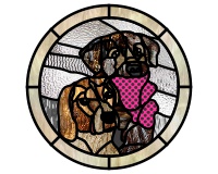 (image for) Basset-Beagle mix, silver lab, round w border pattern - glass