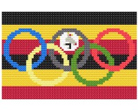 (image for) xst Uganda flag, olympic rings, cross stitch pattern 5 in wide