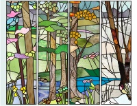 (image for) Four seasons beams (sun rays) birds and aspen leaves